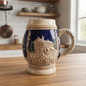 Può includere: Un boccale da birra in ceramica con corpo smaltato blu intenso e un rilievo color crema. Il rilievo raffigura un edificio dettagliato con alberi e fogliame. Il boccale presenta un manico robusto e un bordo con una lavorazione testurizzata.