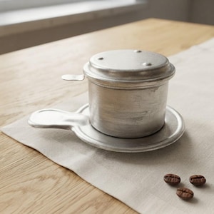 Peut inclure: Un filtre à café vietnamien en métal argenté, appelé phin, composé d'une chambre cylindrique, d'un couvercle amovible avec trois petites bosses surélevées et d'une base circulaire avec une poignée latérale, accompagné de trois grains de café.