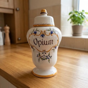Pode incluir: Um pote de boticário de cerâmica na cor creme com tampa correspondente, apresentando a palavra Opium em letras pretas. O pote é decorado com padrões florais pintados à mão em amarelo, azul e verde ao redor do centro e da base.