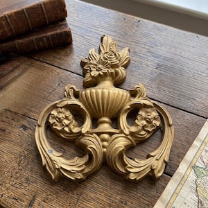 Vintage Gilded Floral Urn Plaque, Rococo Baroque Wall Decor, French Hollywood Regency Accent