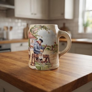 Peut inclure: Une chope à bière en céramique de couleur crème ornée d'une illustration détaillée représentant une personne en chemise bleue et casquette sombre sculptant des sabots en bois sur un établi. Le décor inclut une maison, des arbres et un moulin.