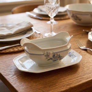 Vintage Limoges Porcelain Gravy Boat, DRB France, 1920s-1940s Sauce Boat with Attached Underplate, Blue Rose Floral Design, 500ml