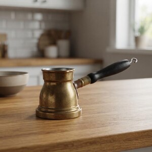 Op de afbeelding: Een koperen koffiepot met een brede basis, een smalle hals en een uitlopende rand. De pot heeft een lange, donkere houten handgreep bevestigd met een koperen huls en een klein metalen haakje aan het uiteinde. Het metalen oppervlak heeft een verweerde patina.