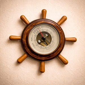May include: A wooden ship's wheel with a barometer in the center. The barometer has a white face with black and red markings, including "VARIABLE" and "BEAU TEMPS." The wheel is made of dark brown wood with eight spokes.