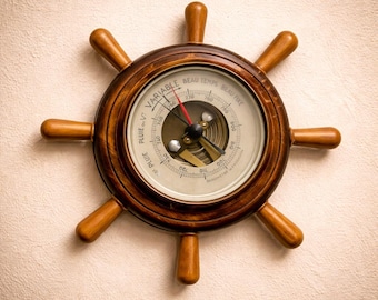 Vintage Franse scheepswielbarometer, nautische muurbarometer, marien weerstation, houten nautisch decor