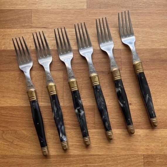 Vintage French Laguiole Inox Table Forks Set of 6 Black Marble Swirl Handles Brass Bolsters Bee Emblem