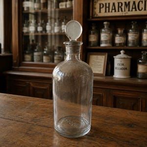 May include: A clear glass apothecary bottle with a rounded base and a matching glass stopper. The bottle features a cylindrical body and a narrow neck, with the text 1000ML embossed clearly on the bottom section of the glass vessel.