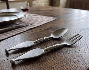 Vintage Aluminum Salad Serving Set – Spoon and Fork – Retro Kitchen Utensils – Mid Century Tableware