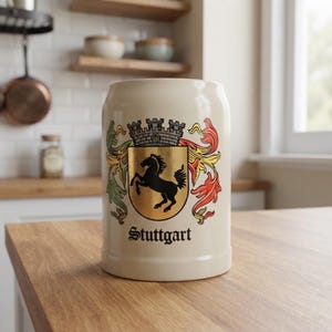 Peut inclure: Une chope à bière en céramique de couleur crème ornée d'un écusson doré avec un emblème de cheval noir, une couronne murale grise et des volutes colorées. Le mot Stuttgart est imprimé en lettres gothiques noires sur le devant du récipient.