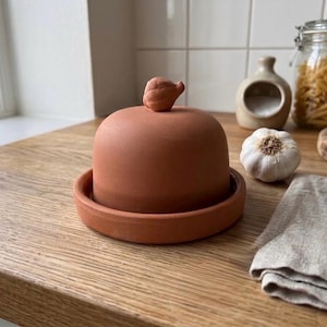 May include: A terracotta garlic keeper with a domed lid and a small handle. The keeper sits on a matching round base. A whole garlic bulb and other kitchen items are in the background. The keeper is a kitchen storage item.
