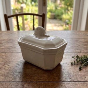 Vintage White Ceramic Duck Terrine, French Porcelain Pate Dish with Lid, Shabby Chic Kitchen Decor, Small Mallard Casserole