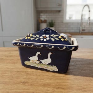 Op de afbeelding: Een rechthoekige botervloot van keramiek met een donkerblauw glazuur. Het deksel heeft een handgeschilderd bloemmotief met witte en gele bloemblaadjes. De basis toont een tafereel van twee witte ganzen en kleine kuikens op groen gras.