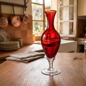 Peut inclure: Un vase en verre rouge, de forme élancée, avec un col évasé et un pied décoratif. Il est posé sur une surface en bois dans une cuisine. Le vase mesure environ 30 cm de hauteur.
