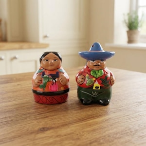 Könnte beinhalten: Zwei Salz- und Pfefferstreuer aus Keramik in Form von Figuren. Eine Figur hat dunkles Haar und ein rot gemustertes Outfit. Die andere Figur trägt einen blauen Sombrero, ein rotes Hemd mit grünen Akzenten und eine dunkelgrüne Hose mit Schnurrbart.
