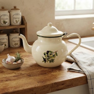 Vintage Enamel Teapot Olive Branch Motif, Cream Enamelware Teapot Hinged Lid, French Country Kitchen Enamel Kettle