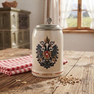 Vintage Hassenpflug HK Österrike Öl Stein Mugg med Tennlock, Kejserligt Österrikiskt Dubbelörnsvapen, Wien Stengods Sejdel 0,25L