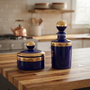 Può includere: Un contenitore in ceramica blu profondo con coperchio abbinato e una bottiglia blu alta e sottile, entrambi dotati di un pomello sferico dorato lucido e di una fascia dorata decorativa con intricati motivi in filigrana sulla parte superiore.