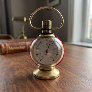 Termometro da scrivania vintage a forma di batisfera, in ottone e plastica rossa, stile metà secolo, ideale come indicatore di temperatura da tavolo. Un tocco retrò per l'arredamento dell'ufficio.