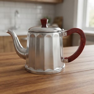Pode incluir: Uma chaleira de metal cor de prata com um design estriado vertical, apresentando uma pega castanho-avermelhada escura e um botão a condizer na tampa. A chaleira tem um bico curvo e uma base circular, com um acabamento metálico polido.