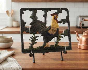 Supporto per libri di cucina a forma di gallo in ghisa, porta libri da cucina in stile vintage, porta ricette rustico con pesi, decorazione rustica per la cucina