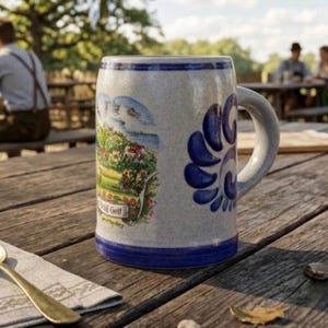 Op de afbeelding: Een keramische bierpul met een handvat, met een landschapsscène en blauwe bloemmotieven. De pul heeft een blauwe rand en basis en staat op een houten tafel. De pul heeft de woorden "Gott" erop.