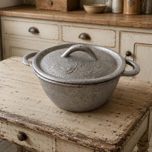 Vintage fransk aluminiumgryta med lock, liten cocotte, rustikt lantköksredskap