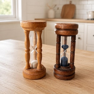 May include: Two hourglasses with wooden frames. The left hourglass features a light-toned wood frame with white sand. The right hourglass features a dark-toned wood frame with blue sand. Both have clear glass centers and cylindrical bases.