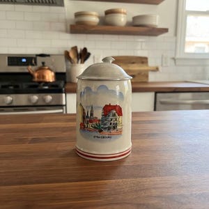 Vintage Strasbourg Alsace Keramik Ölsten Tennlock Souvenirmugg 0,5L 1970-talet