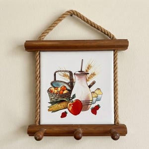 Vintage Ceramic Tile Key Holder 3 Pegs, Rustic Kitchen Wall Hanger, Farmhouse Still Life Decor