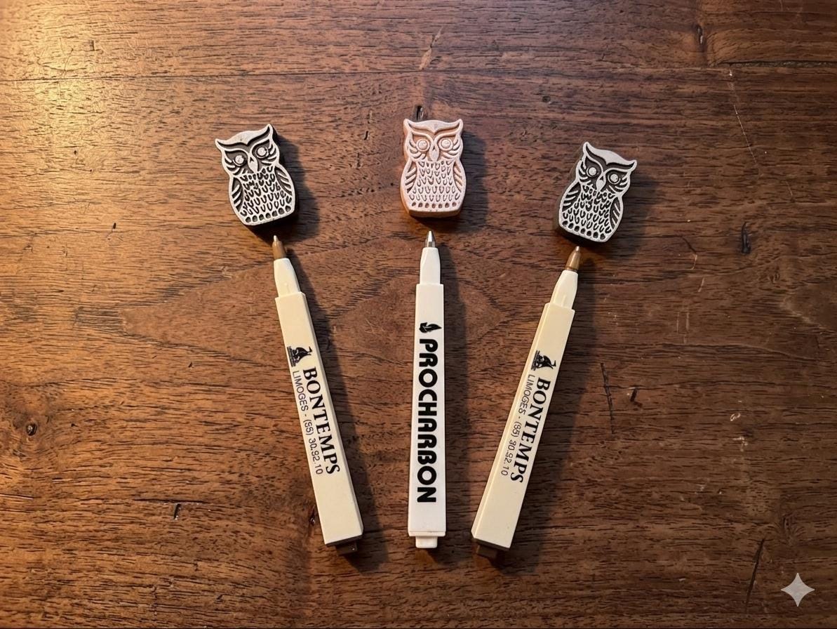 3 Vintage French Ballpoint Pens Owl Design Bontemps Limoges Procharbon Advertising Pens