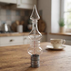 May include: A clear glass Galileo thermometer with a pointed top and a bulbous body, featuring a central glass tube with a red liquid temperature scale. The thermometer is set into a cylindrical pewter base with the text Etain Veritable.