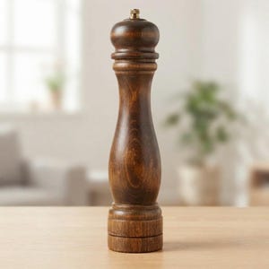 Large Vintage French Wooden Pepper Mill 10.4", Dark Wood Pepper Grinder Made in France, Brass Top Knob Rustic Kitchen Decor