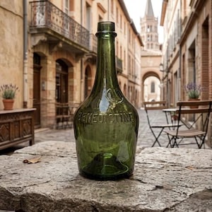 Può includere: Una bottiglia di vetro verde con la scritta "BENEDICTINE" in rilievo sul davanti. La bottiglia ha un collo lungo e un corpo arrotondato. Lo sfondo mostra una scena di strada europea con edifici in pietra e un campanile.