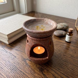 Vintage Soapstone Oil Burner, Carved Red Stone Aroma Diffuser, Boho Zen Decor
