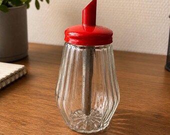 Vintage French Glass Sugar Dispenser STO 9 with Red Lid, Retro Cafe Style Sugar Shaker, Mid-Century Kitchen Decor
