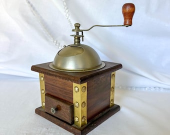 Vintage Wooden Coffee Grinder, Manual Coffee Mill with Brass Accents, Rustic Farmhouse Kitchen Decor