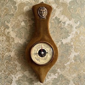 Vintage French Aneroid Barometer Gold Mustard Velvet Wall Decor, Hollywood Regency Mechanical Weather Station, Eclectic Rare Office Gift