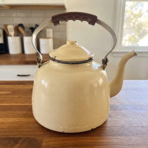 Puede incluir: Una tetera de esmalte color crema con cuerpo redondeado, tapa a juego y pico curvo. La tetera cuenta con un asa de metal con una empuñadura contorneada de color marrón oscuro. El borde de la tapa y la base de la tetera muestran un acabado metálico oscuro.