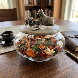 Può includere: Una ciotola in vetro trasparente con base arrotondata riempita di pot-pourri essiccato colorato. Il coperchio è in metallo spazzolato e presenta una statuetta color peltro di un gatto seduto accanto a un gattino su una base decorativa.