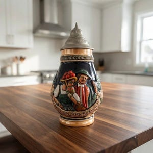 Peut inclure: Une chope à bière en céramique avec un couvercle métallique, présentant un relief de deux personnages en tenue traditionnelle avec des accents rouges. La base de la chope affiche le texte en relief "Gruss vom Schwarzwald" sur un corps sombre.