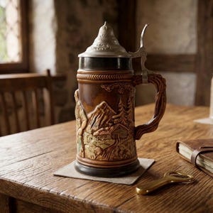 Op de afbeelding: Een bruine keramische bierpul met een reliëf van een berglandschap met een hut en bomen. De pul heeft een metalen scharnierend deksel met een decoratieve knop en een getextureerd handvat in de vorm van een tak, staand op een platte voet.