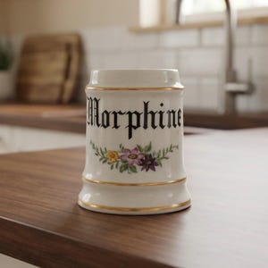 May include: A white ceramic apothecary jar featuring the word Morphine in black gothic lettering. The jar is decorated with a floral motif of yellow, pink, and purple flowers with green leaves, and is accented with thin gold bands at the top and base.