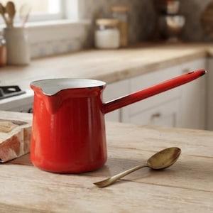 Vintage Franse Japy koffiepot van rood emaille, kleine emaille cezve smeltpot 240 ml, jaren 60