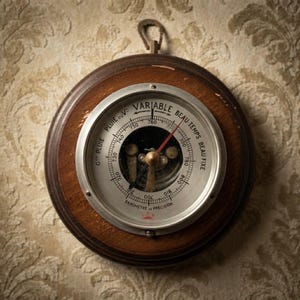 Könnte beinhalten: Ein rundes Wandbarometer mit einem dunkelbraunen Holzrahmen und einem silbernen Metallzifferblatt. Das Zifferblatt zeigt schwarzen Text wie PLUIE, VARIABLE, BEAU TEMPS und BAROMETRE DE PRECISION sowie einen roten Zeiger in der Mitte.