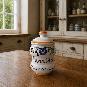 Op de afbeelding: Een witte keramische kruidenpot met bijpassend deksel, voorzien van een handgeschilderde oranje rand, een blauw bloemmotief met groene bladeren en het woord Paprika in bruin schrift. De pot heeft een afgeronde, geprofileerde vorm met een bruine lijn.