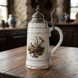 Peut inclure: Une chope à bière en céramique blanche dotée d'un couvercle métallique et d'une anse. Le corps de la chope est orné d'une illustration colorée représentant un oiseau dans un décor naturel, avec de fines bandes dorées sur le haut et la base.