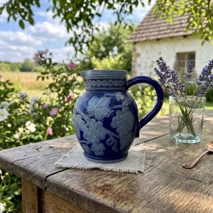Jarra de vino francesa vintage de cerámica azul cobalto – Paul Edouard Grapes d’Alsace