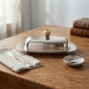 May include: A rectangular silver-toned metal butter dish with a polished finish and a gold-toned acorn-shaped handle on the lid. The set includes a silver-toned butter knife resting on a light-colored cloth napkin and a small ceramic dish with a spoon.