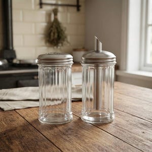 Par vintage glas sockerdispenser shakers set, Diner-stil glas sockerhällare kryddshaker rostfria metalllock