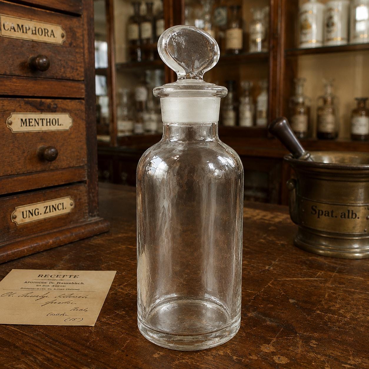 Vintage Glass Apothecary Bottle, French Country Decanter, Perfume Vanity Vial (250ml)